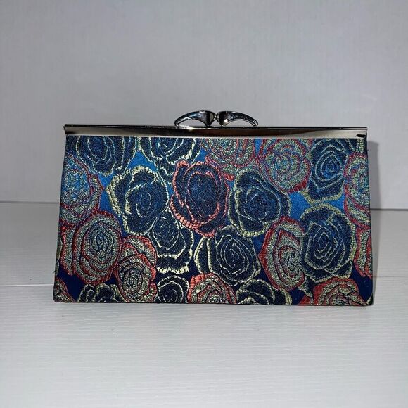 Vintage Clutch Purse Fabric Rose Sparkly Blue Red Green Silver Clasp Hard Case - Picture 5 of 6